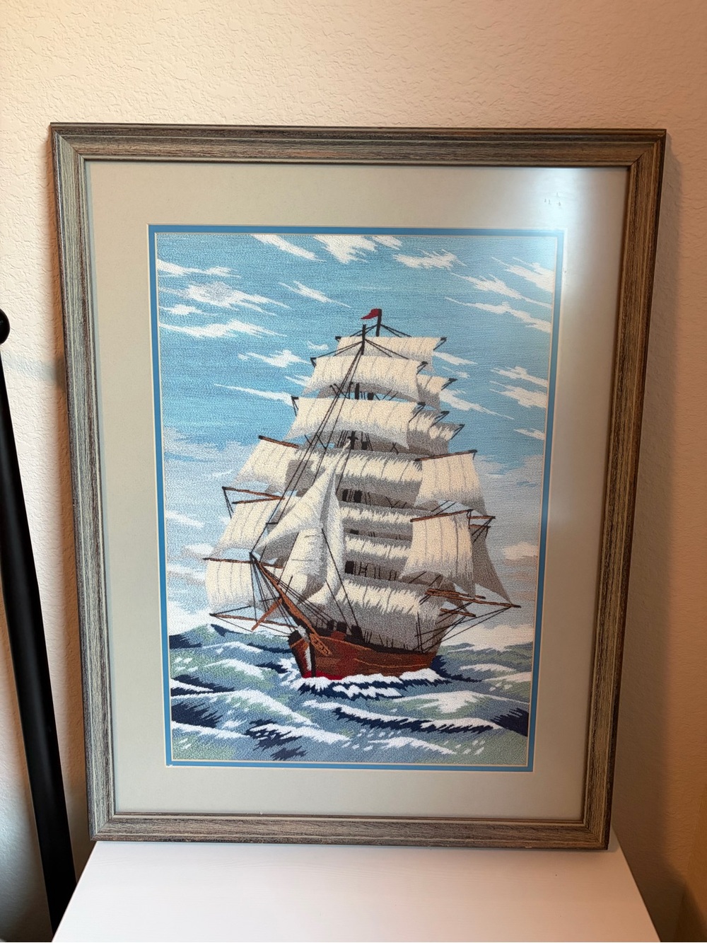 Vintage Framed needlepoint embroidery nautical Art